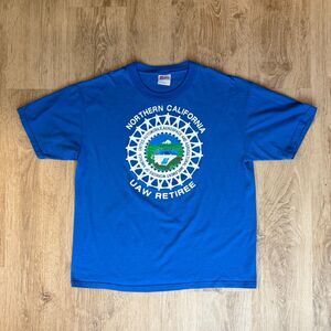Vintage Hanes Graphic T-Shirt UAW Retiree Northern California Blue Union Tee